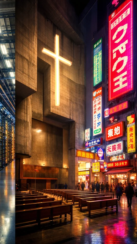Brutalist church and neon Tokyo signage